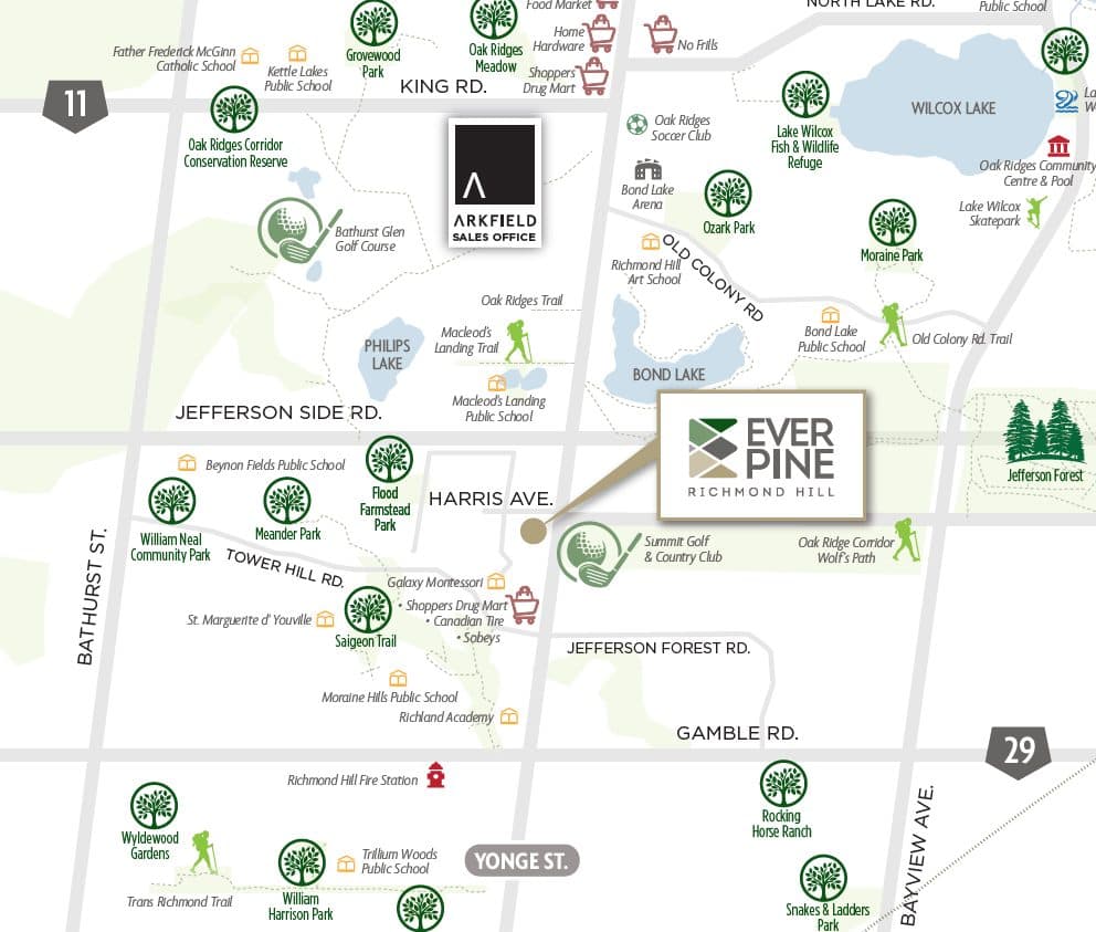 Map of Everpine at Harris Avenue and Yonge Street, south of Jefferson Side Road, near Summit Golf & Country Club, Bond Lake and Jefferson Forest