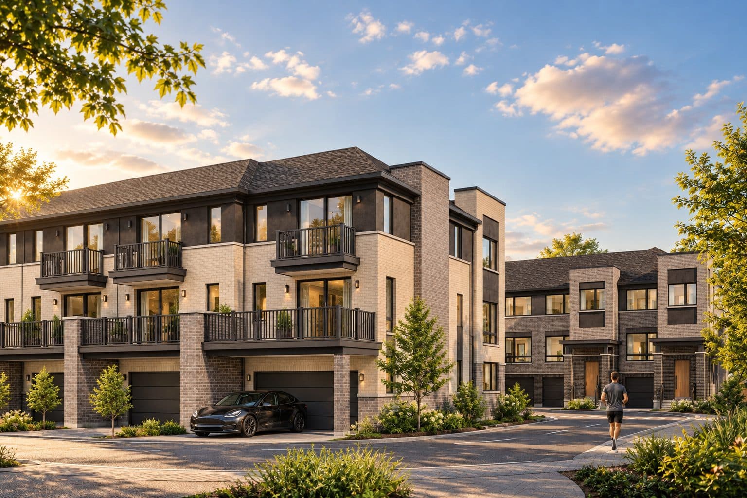 Everpine townhomes with balconies around a landscaped lane — developer's artist's concept