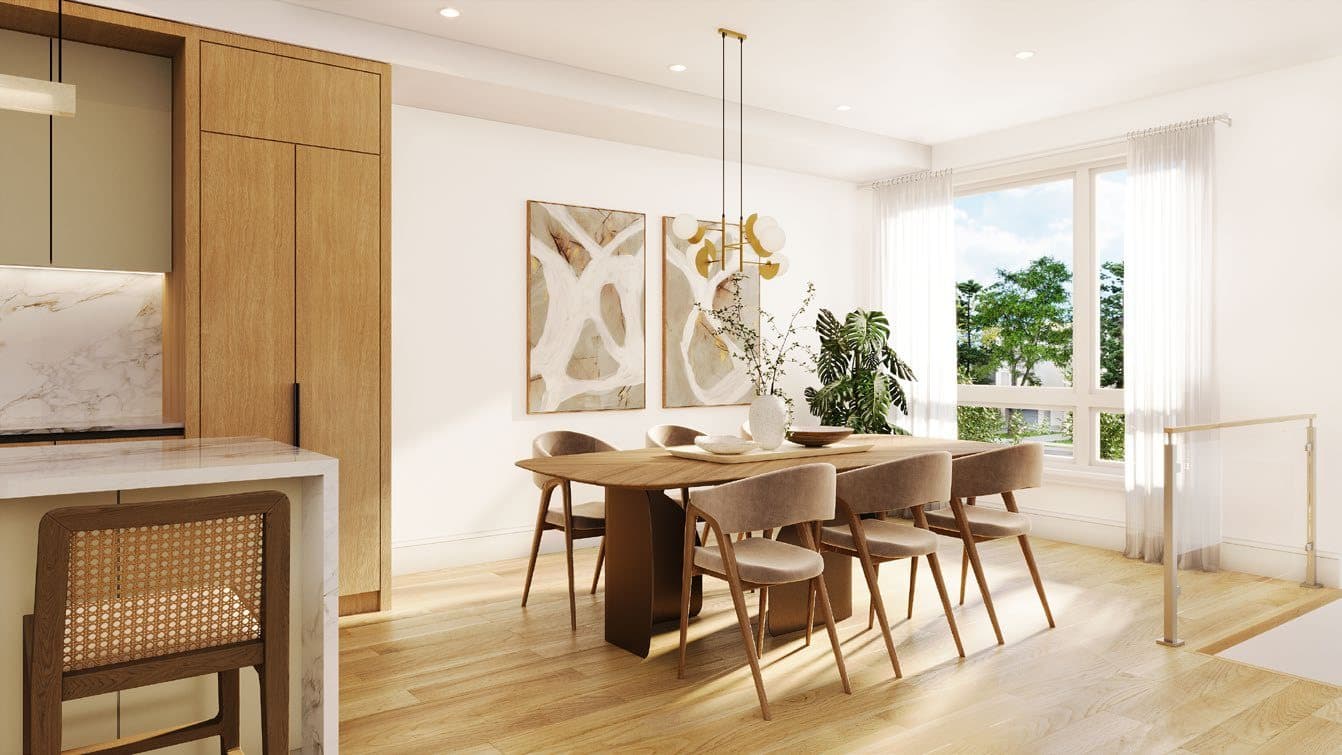 Dining room with tall windows and sliding door to the balcony — developer's artist's concept