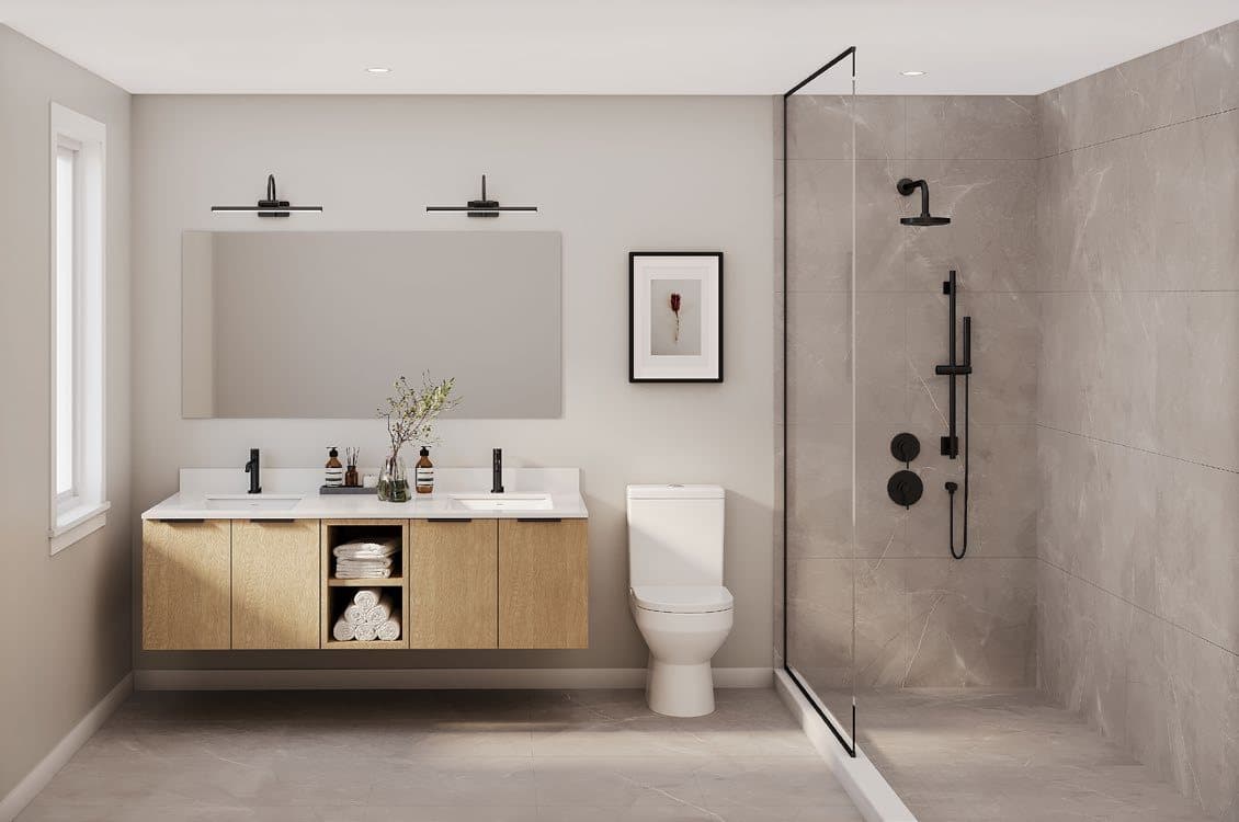 Primary ensuite with double vanity and frameless glass shower — developer's artist's concept