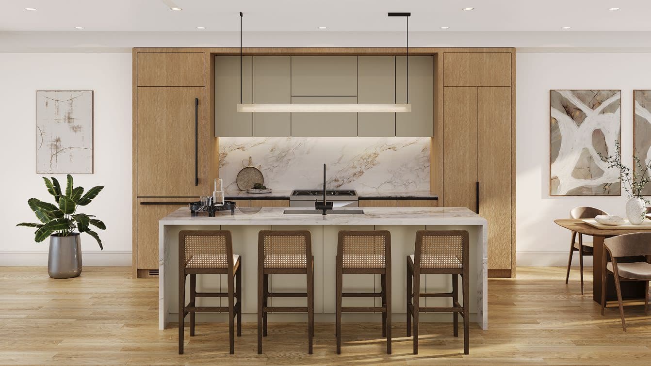 Kitchen with quartz island breakfast bar and oak cabinetry — developer's artist's concept