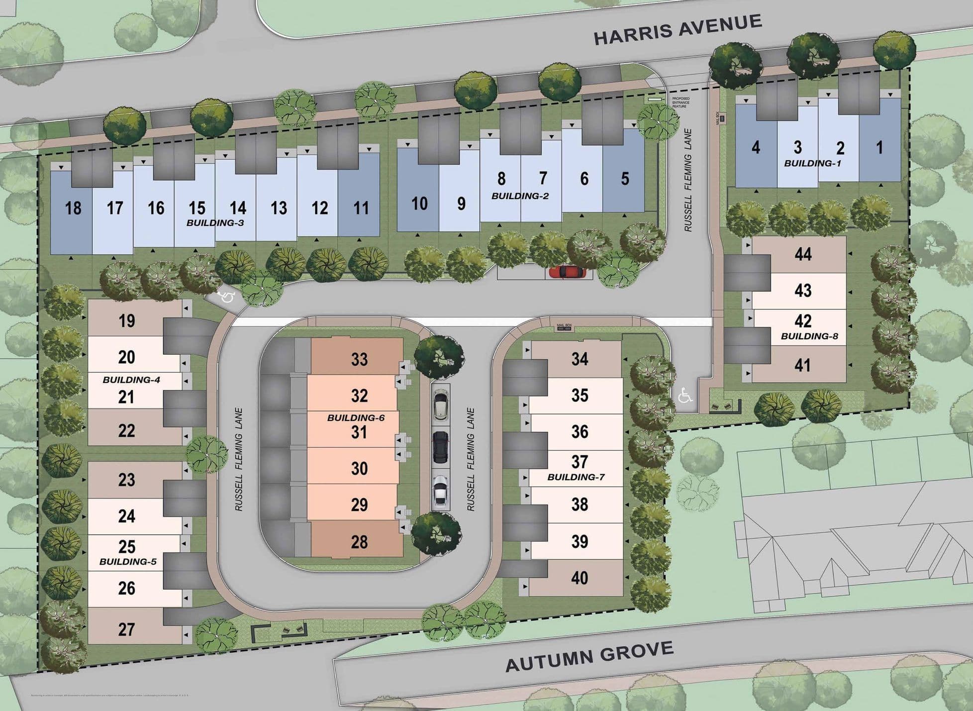 Everpine Phase 1 site plan: 44 homes in 8 blocks between Harris Avenue and Autumn Grove, served by Russell Fleming Lane.
